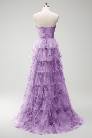 Green Floral A-Line Chiffon Tulle Long Prom Dress with Slit