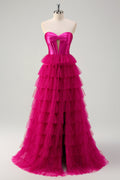 Sweetheart A-Line Tulle Tiered Long Corset Prom Dress with Slit