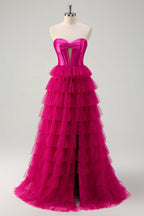 Sweetheart A-Line Tulle Tiered Long Corset Prom Dress with Slit