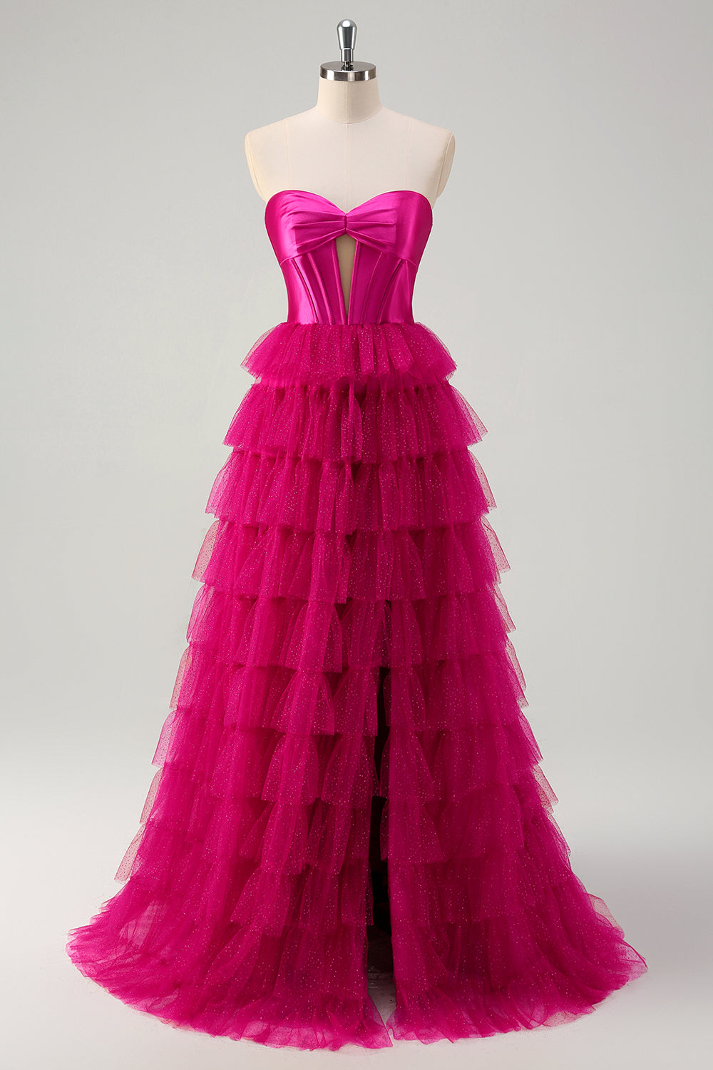 Sweetheart A-Line Tulle Tiered Long Corset Prom Dress with Slit