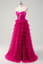 Sweetheart A-Line Tulle Tiered Long Corset Prom Dress with Slit