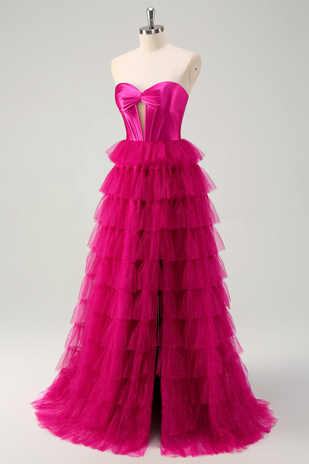 Sweetheart A-Line Tulle Tiered Long Corset Prom Dress with Slit