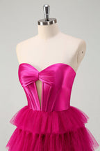 Sweetheart A-Line Tulle Tiered Long Corset Prom Dress with Slit