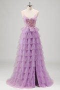 Spaghetti Straps A-Line Tulle Tiered Long Corset Prom Dress with Sequins