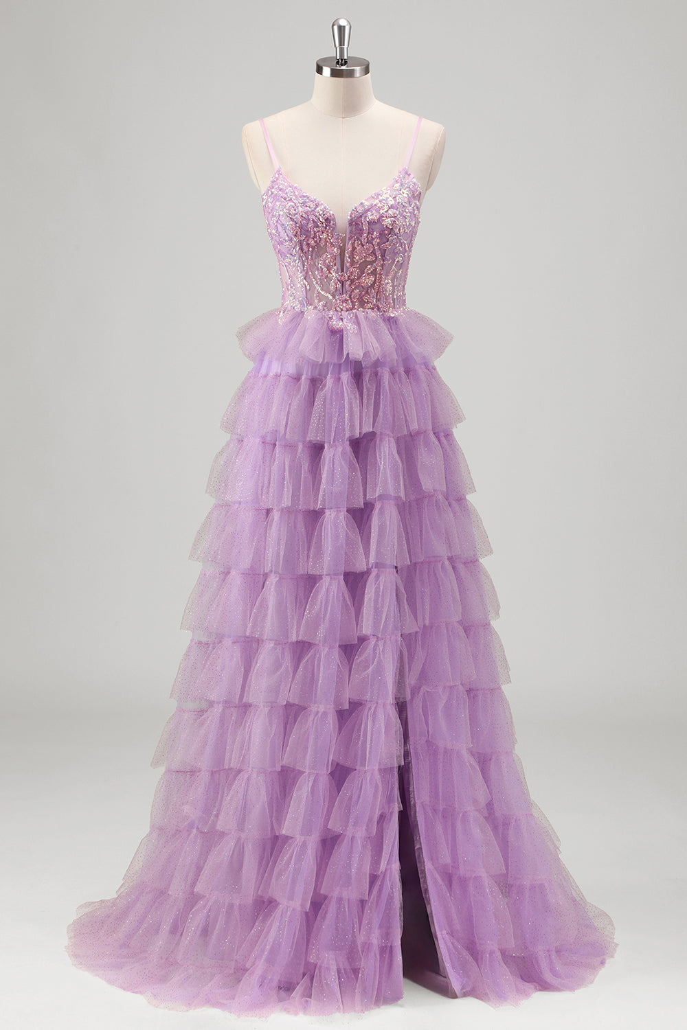 Spaghetti Straps A-Line Tulle Tiered Long Corset Prom Dress with Sequins
