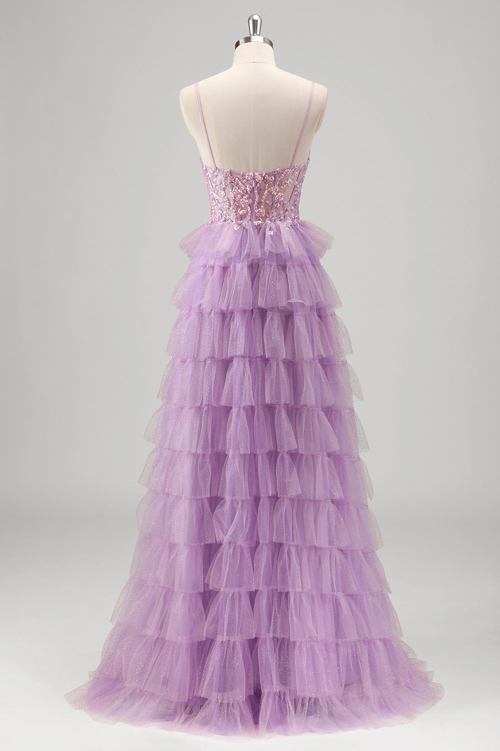 Spaghetti Straps A-Line Tulle Tiered Long Corset Prom Dress with Sequins