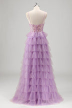 Spaghetti Straps A-Line Tulle Tiered Long Corset Prom Dress with Sequins