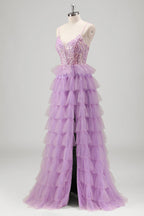 Spaghetti Straps A-Line Tulle Tiered Long Corset Prom Dress with Sequins