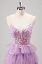 Spaghetti Straps A-Line Tulle Tiered Long Corset Prom Dress with Sequins