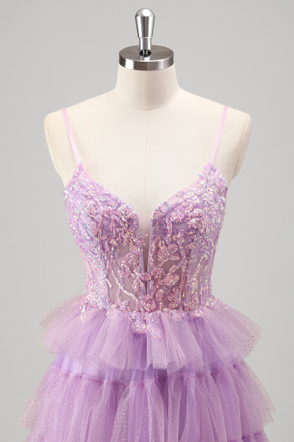 Spaghetti Straps A-Line Tulle Tiered Long Corset Prom Dress with Sequins