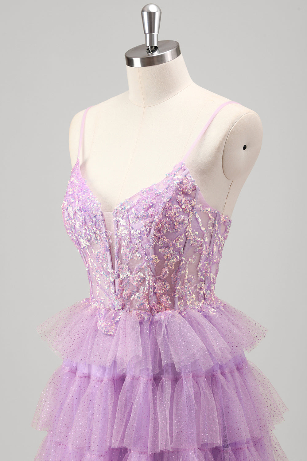 Spaghetti Straps A-Line Tulle Tiered Long Corset Prom Dress with Sequins