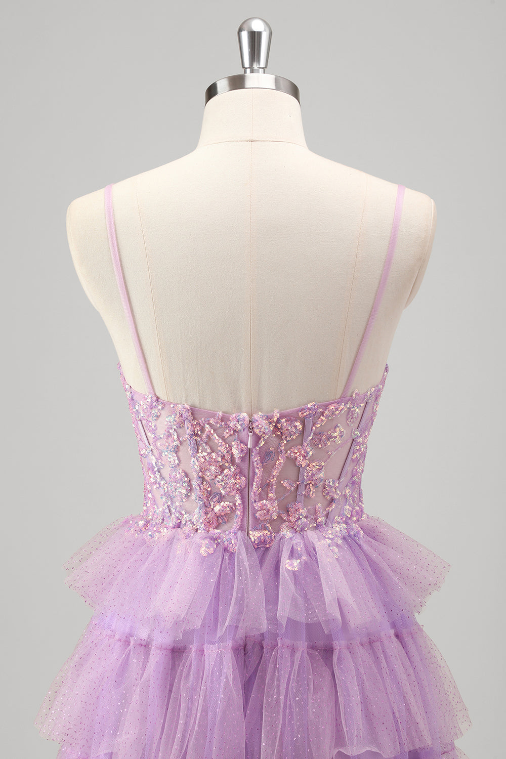 Spaghetti Straps A-Line Tulle Tiered Long Corset Prom Dress with Sequins