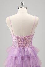 Spaghetti Straps A-Line Tulle Tiered Long Corset Prom Dress with Sequins