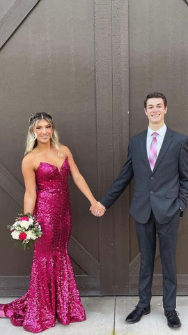 Robe de bal longue bustier fuchsia à sequins, élégante robe de soirée sirène Y1876