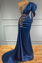 Vestido largo de sirena de un solo hombro Regal Sapphire con cuentas