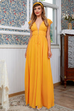 Vestido largo amarillo estilo boho para dama de honor