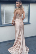 Sparkly Khaki Spaghetti Straps Sequins Mermaid Satin Long Corset Prom Dress with Slit