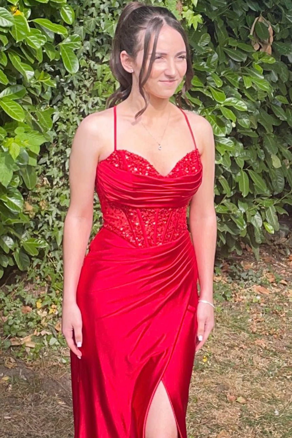 Sparkly Khaki Spaghetti Straps Sequins Mermaid Satin Long Corset Prom Dress with Slit