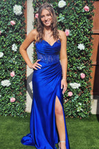 Sparkly Khaki Spaghetti Straps Sequins Mermaid Satin Long Corset Prom Dress with Slit