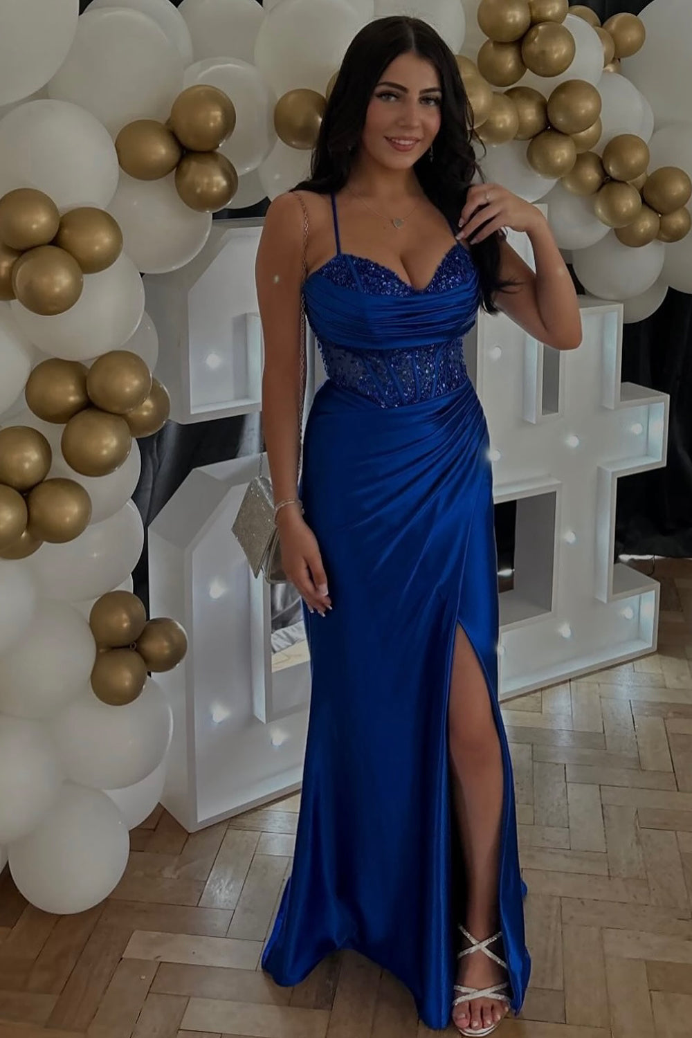 Sparkly Khaki Spaghetti Straps Sequins Mermaid Satin Long Corset Prom Dress with Slit