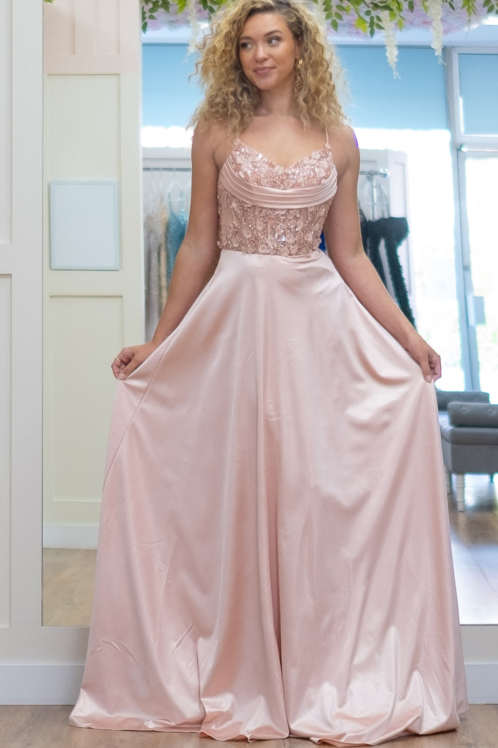 Spaghetti Straps Satin A-Line Long Corset Prom Dress with Appliques