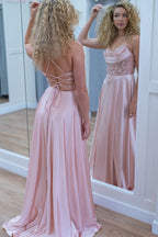 Spaghetti Straps Satin A-Line Long Corset Prom Dress with Appliques