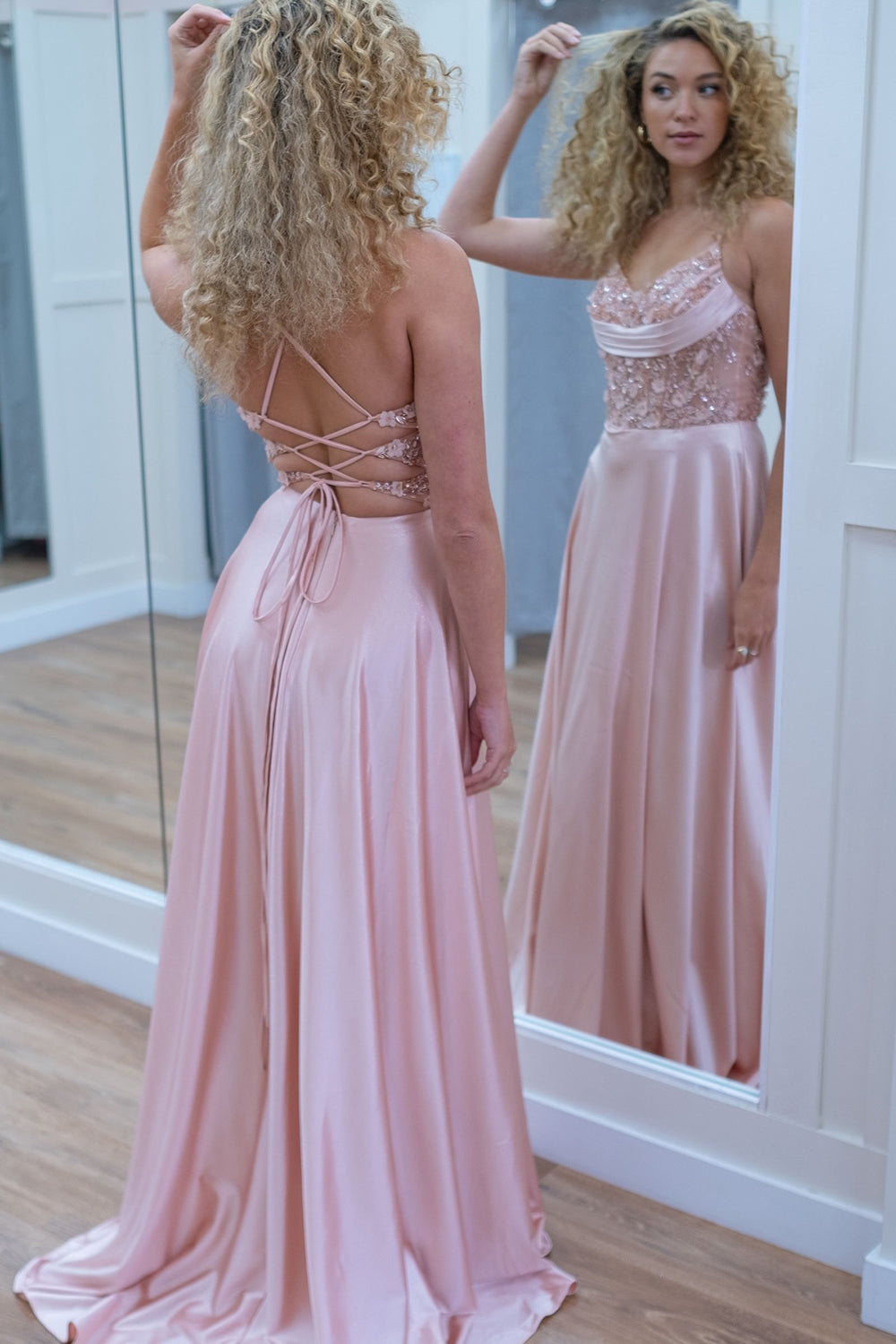 Spaghetti Straps Satin A-Line Long Corset Prom Dress with Appliques
