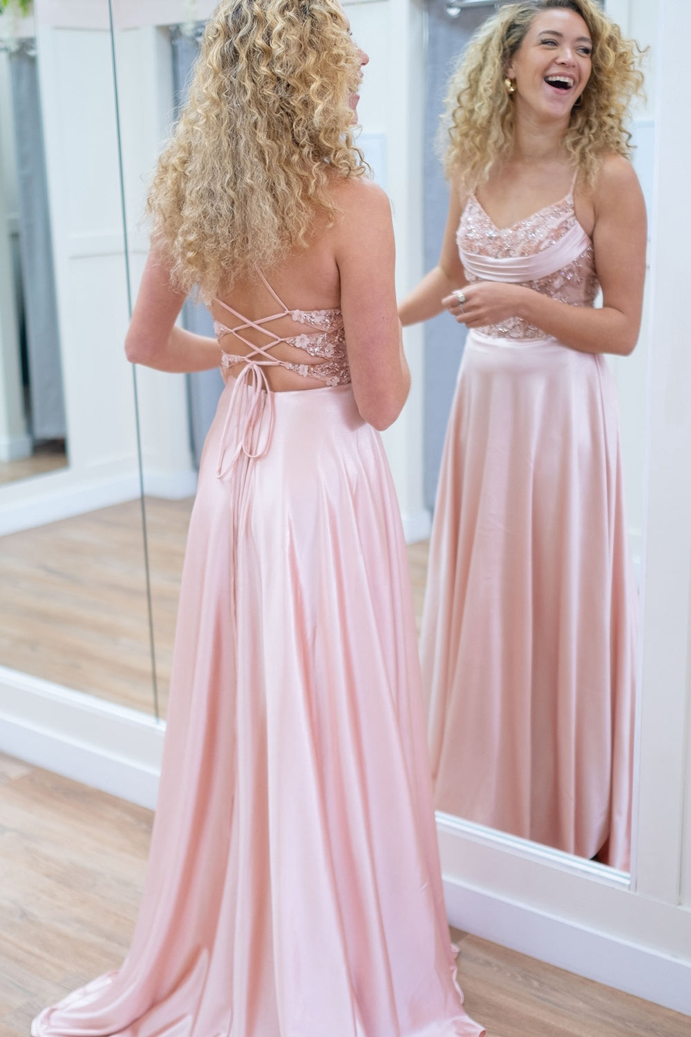 Spaghetti Straps Satin A-Line Long Corset Prom Dress with Appliques