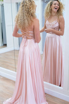 Spaghetti Straps Satin A-Line Long Corset Prom Dress with Appliques