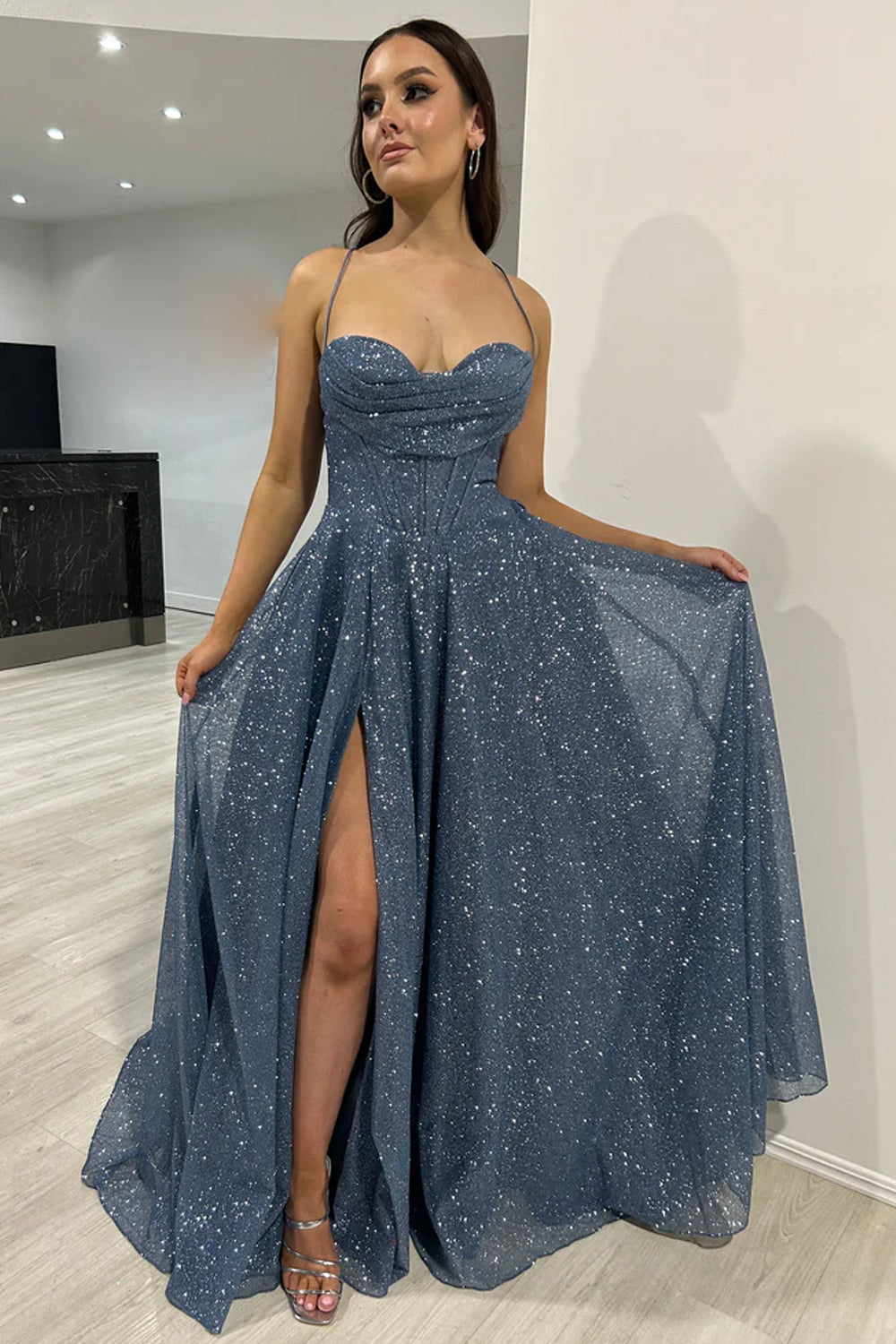 Sparkly  Blue Spaghetti Straps Tulle A-Line Long Corset Prom Dress with Slit