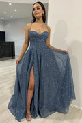 Sparkly  Blue Spaghetti Straps Tulle A-Line Long Corset Prom Dress with Slit