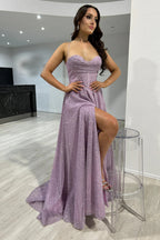 Sparkly  Blue Spaghetti Straps Tulle A-Line Long Corset Prom Dress with Slit