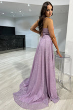 Sparkly  Blue Spaghetti Straps Tulle A-Line Long Corset Prom Dress with Slit