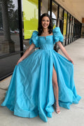 Square Neck Satin Puff Sleeves A-Line Long Corset Prom Dress with Slit
