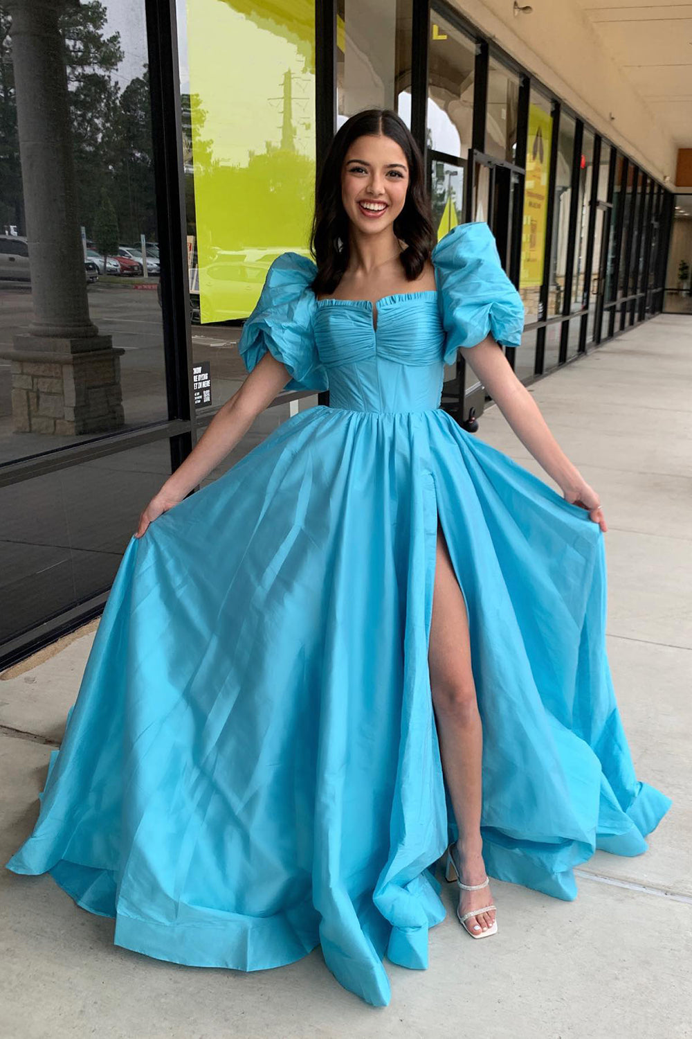 Square Neck Satin Puff Sleeves A-Line Long Corset Prom Dress with Slit