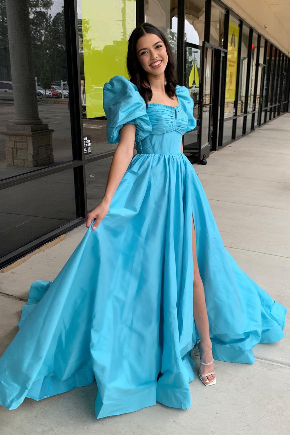 Square Neck Satin Puff Sleeves A-Line Long Corset Prom Dress with Slit