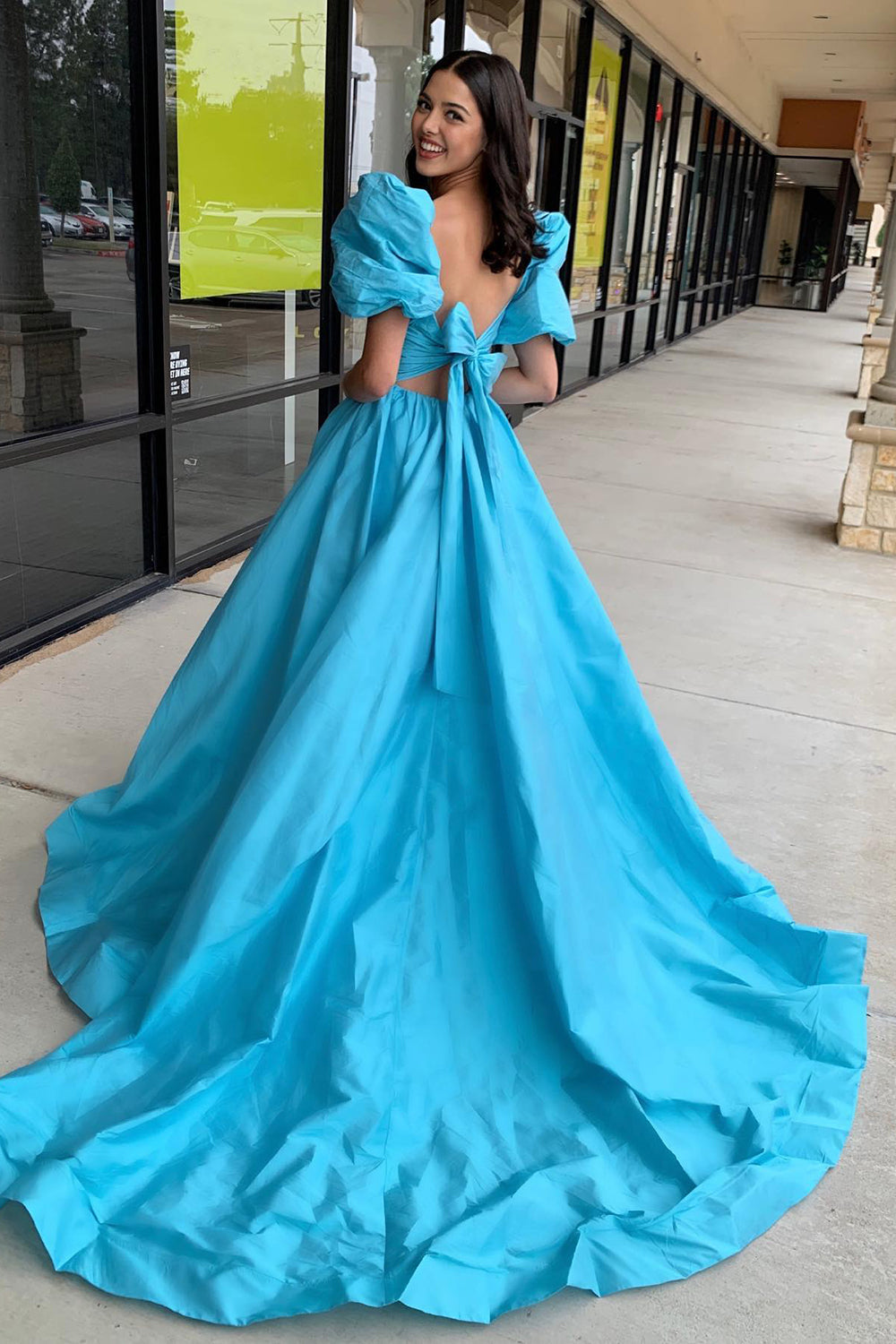Square Neck Satin Puff Sleeves A-Line Long Corset Prom Dress with Slit