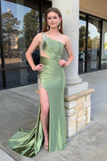 Sage One Shoulder Satin Mermaid Cut-out Long Prom Dress with Appliques