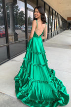 Spaghetti Straps Satin A-Line Open Back Long Prom Dress with Ruffles