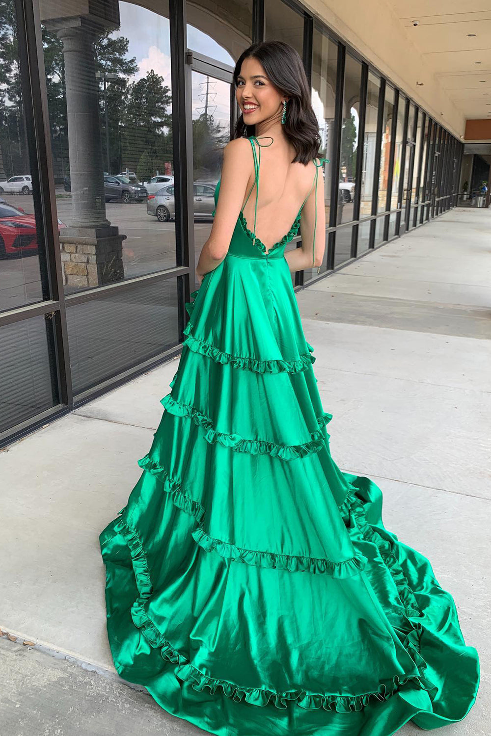 Spaghetti Straps Satin A-Line Open Back Long Prom Dress with Ruffles