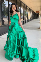 Spaghetti Straps Satin A-Line Open Back Long Prom Dress with Ruffles
