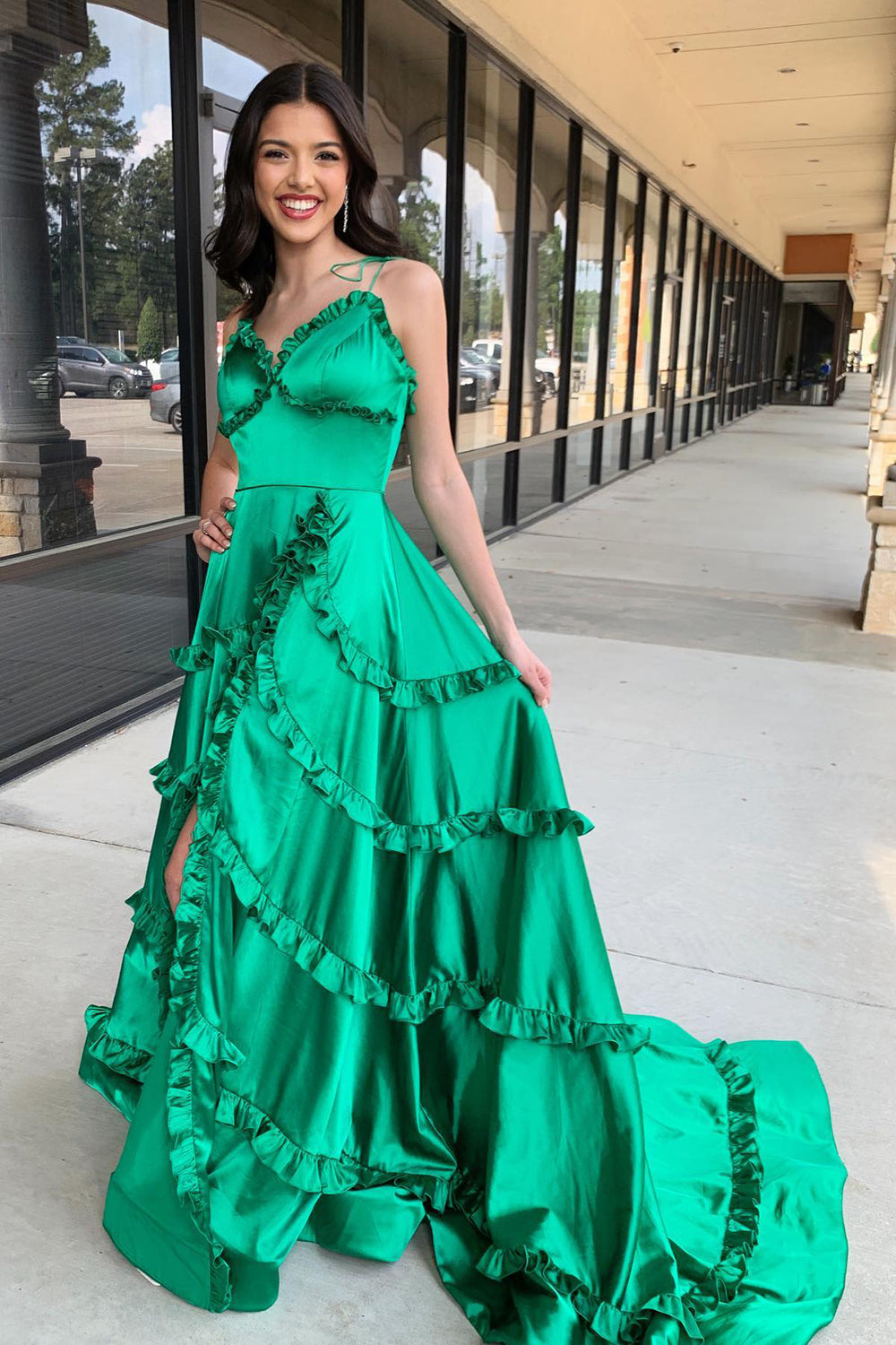 Spaghetti Straps Satin A-Line Open Back Long Prom Dress with Ruffles