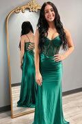 Spaghetti Straps Satin Mermaid Long Corset Prom Dress with Beading