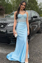 Spaghetti Straps Satin Mermaid Long Corset Prom Dress with Appliques
