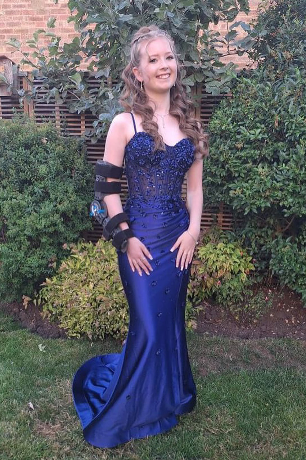 Spaghetti Straps Satin Mermaid Long Corset Prom Dress with Appliques