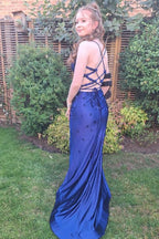 Spaghetti Straps Satin Mermaid Long Corset Prom Dress with Appliques