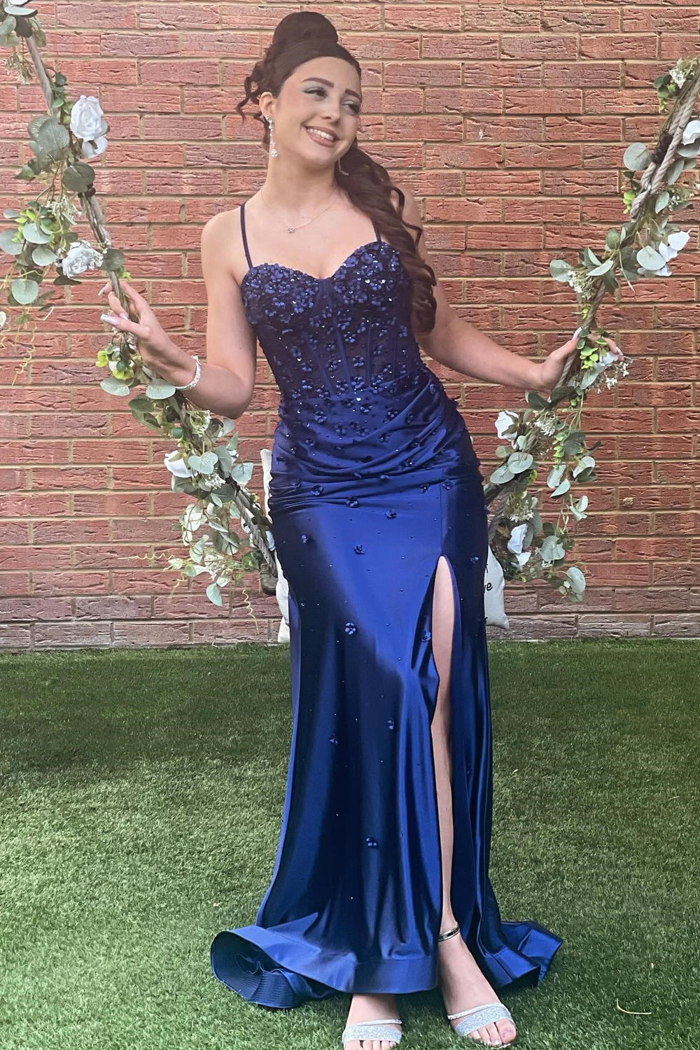 Spaghetti Straps Satin Mermaid Long Corset Prom Dress with Appliques