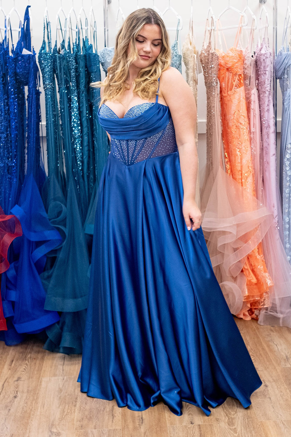 Spaghetti Straps Satin A-Line Long Corset Prom Dress with Beading