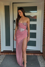 Robe de bal longue sirène à sequins rose poudré sans bretelles et fente