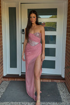 Robe de bal longue sirène à sequins rose poudré sans bretelles et fente